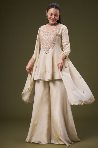 Cream Golden Tissue Peplum Palazzo Suit with Gota and Zardosi Work
