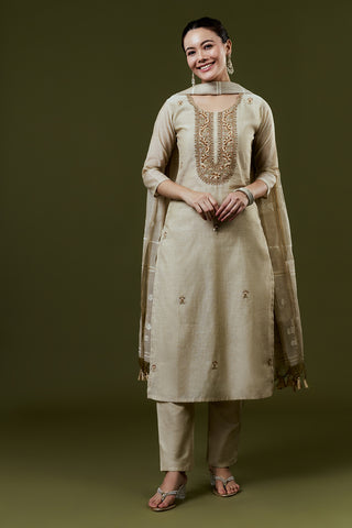 Cream Khadi Silk Suit Set with Embroidery Work