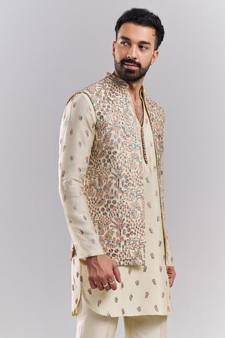 Cream Linen Satin Men’s Kurta with Embroidered Jacket