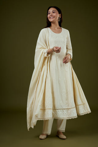 Cream Mul Cotton Anarkali Set with Chikankari Work