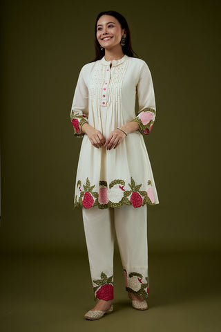 Cream Mul Cotton Coord Set with 3D Floral Work