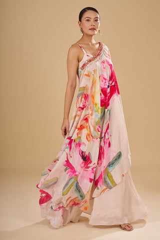 Cream Multicolour Floral Printed Pure Crepe Cape Set with Sequins and Cut Dana Work