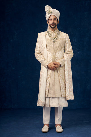 Cream Raw Silk Embroidered Groom Sherwani with Bead Work