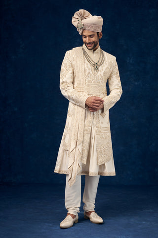 Cream Raw Silk Embroidered Groom Sherwani with Hand Work