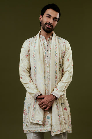 Cream Shimmer Tissue Kurta Set with Heavy Multicoloured Floral Embroidery