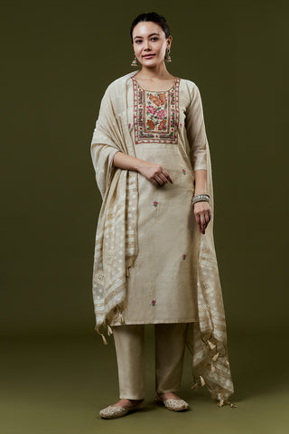 Cream Silk Suit Set With French Knot and Embroidery Work