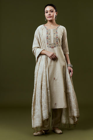 Cream Silk Suit Set With French Knot and Gotta Work
