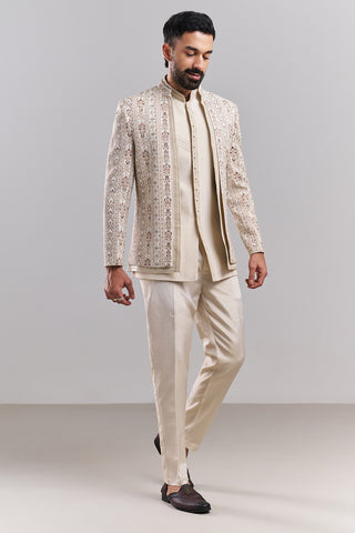 Cream Tissue Silk Embroidered Jodhpuri Set