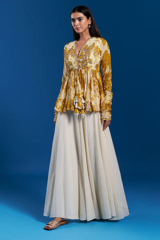 Cream Yellow Printed Peplum Lehenga Set with Sequin Work
