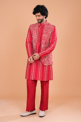 Crimson Embroidered Bundi Men's Kurta Set