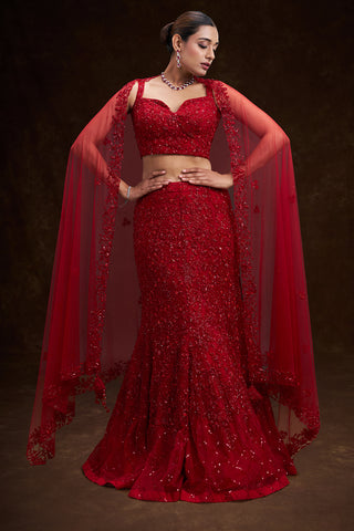Crimson Red Net Bridal Lehenga with Cutdana Sequin and Bead Work