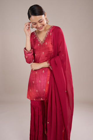 Crimson Red Silk Crepe Sharara Set with Resham Embroidery