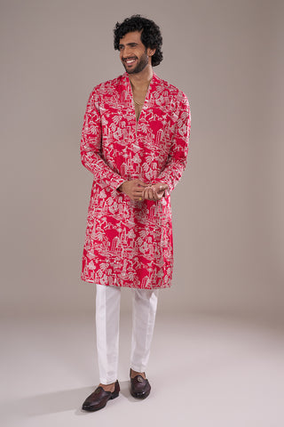 Crimson Silk Blend Men's Kurta Set with Threadwork