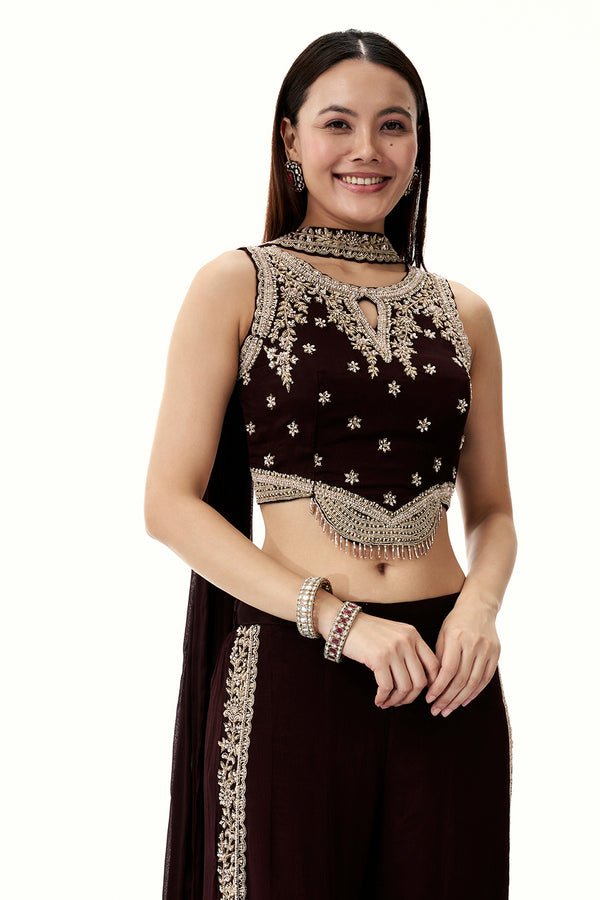 Dark Brown Crepe Set with Zari and Cutdana Work