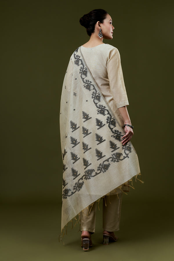 Dark Cream Khadi Silk Suit Set With French Knots Embroidery