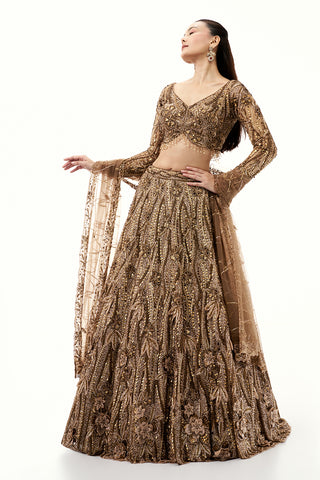 Dark Golden Lehenga with Beaded Tassles and Cutdana Work