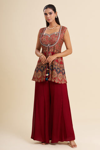 Dark Red Satin Modal Fusion Set with Ajrakh Work