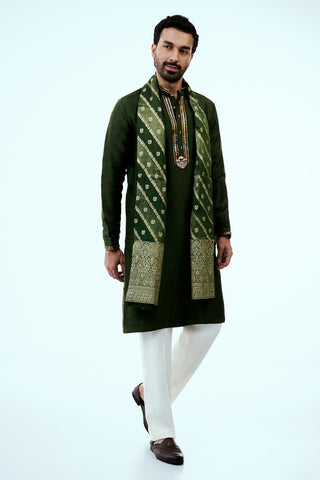 Deep Green Nokia Silk Mens Kurta Set with Embroidery Work