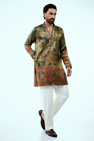 Deep Moss Green Shimmer Silk Mens Kurta Set with Red Print and Zari Embroidery
