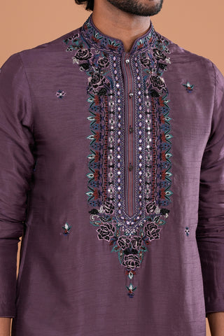 Deep Plum Silk Men's Kurta Set with Sequin Work