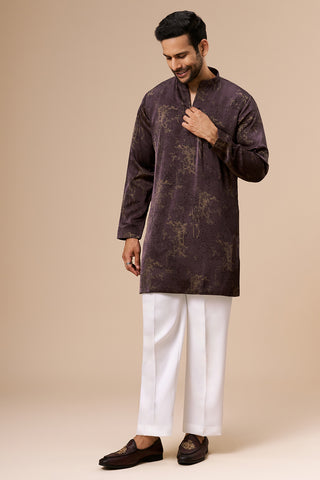 Deep Violet Satin Mens Kurta Set with Embellished Botanical Print