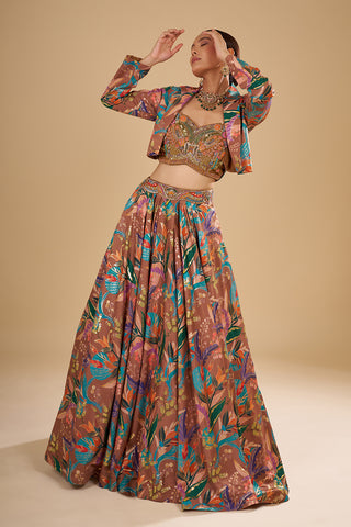 Dusky Brown Silk Satin Foil Printed Lehenga Set with 3D Floral Pieces