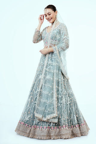 Dusty Blue Hand Embroidered Net Lehenga with Cutdana Work