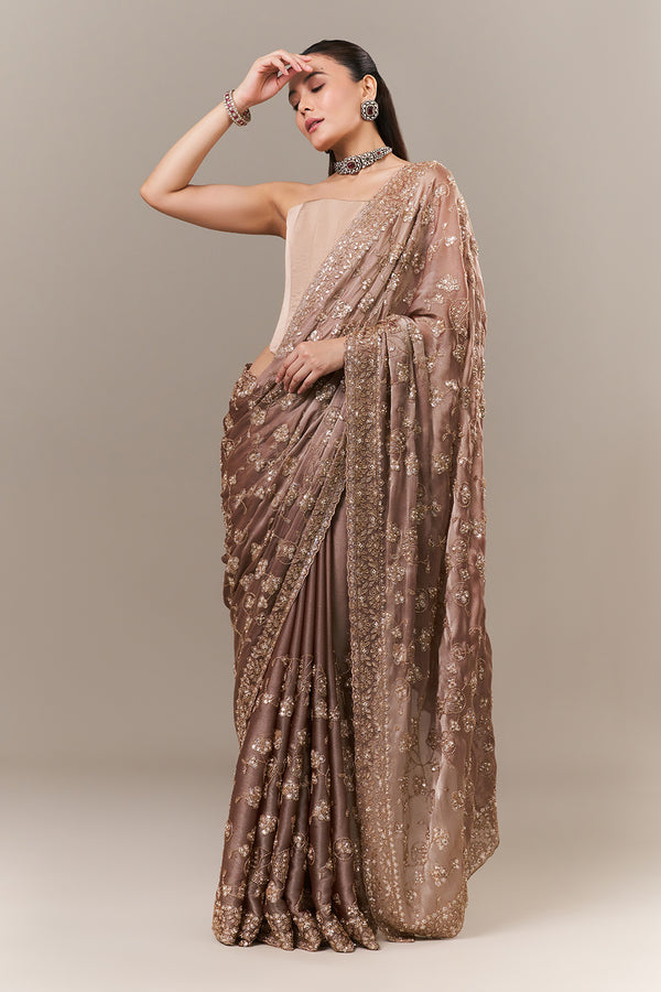 Dusty Brown Glass Organza Saree with Sequin and Cutdana Work