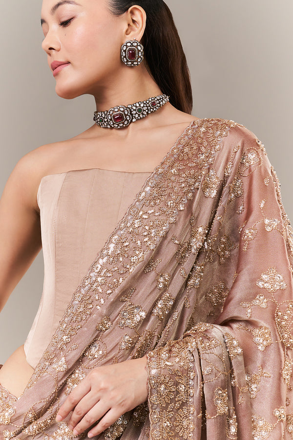 Dusty Brown Glass Organza Saree with Sequin and Cutdana Work