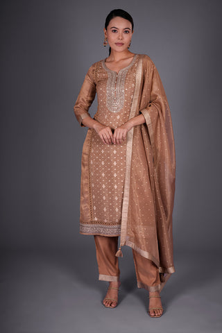 Dusty Gold Chanderi Jacquard Kurta Set with Zari Embroidery