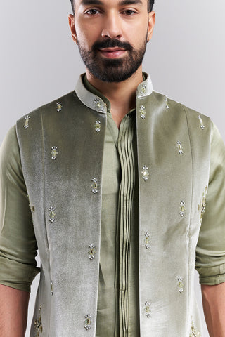 Dusty Green Linen Satin Embellished Men’s Kurta Jacket Set