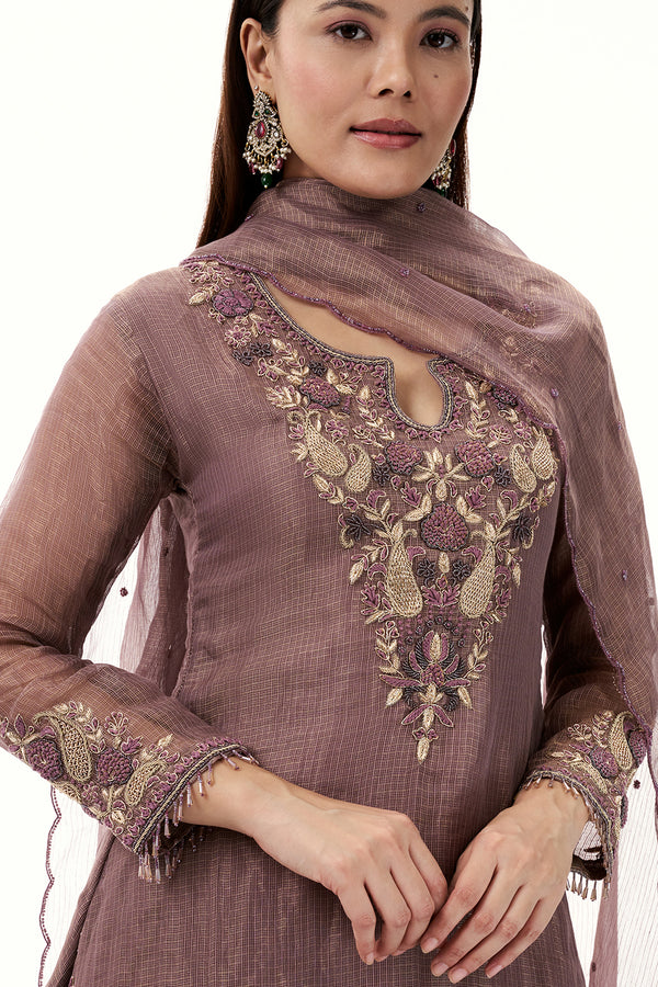 Dusty Lavender Tissue Suit with Zardosi and Resham Work