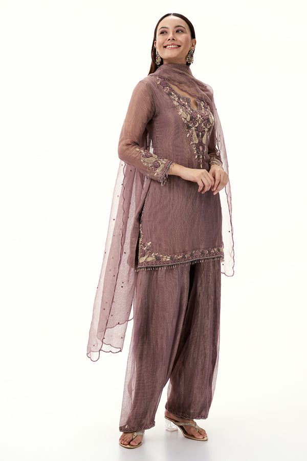 Dusty Lavender Tissue Suit with Zardosi and Resham Work