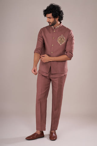 Dusty Mauve Linen Men's Bundi Set with Zari Embroidery