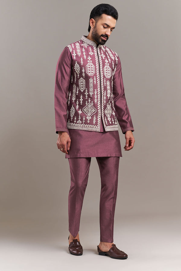 Dusty Onion Pink Silk Blend Medallion Men's Kurta Set with Jacket