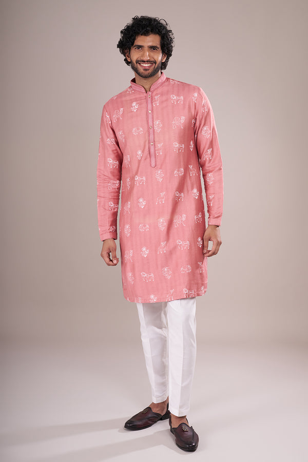 Dusty Pink Cotton Silk Men's Kurta Set with Threadwork