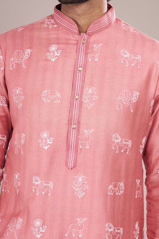 Dusty Pink Cotton Silk Men's Kurta Set with Threadwork