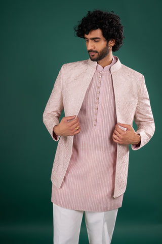 Dusty Pink Embroidered Silk Blend Kurta Set With Ivory Jacket