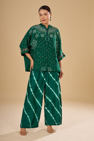 Emerald Green Modal Satin Tunic Set with Resham Embroidery