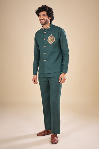 Emerald Green Linen Embroidered Bundi Set