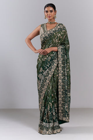 Emerald Green Tussar Silk Embellished Saree And Stitched Blouse