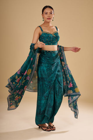 Emerald Printed Pre Draped Skirt Set with Thread Embroidery