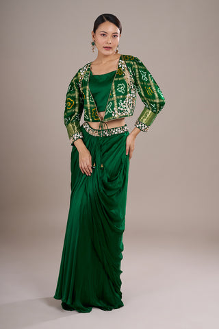 Emerald Satin Silk Draped Skirt Set with Bandhani Jacket & Zari Embroidery