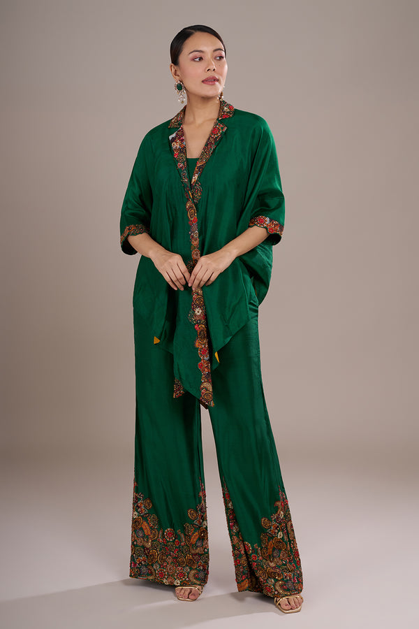 Emerald Silk Blend Kaftan Co-ord Set with Printed & Hand Embellished Borders