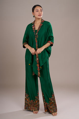Emerald Silk Blend Kaftan Co-ord Set with Printed & Hand Embellished Borders