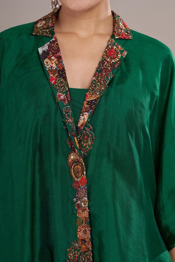 Emerald Silk Blend Kaftan Co-ord Set with Printed & Hand Embellished Borders