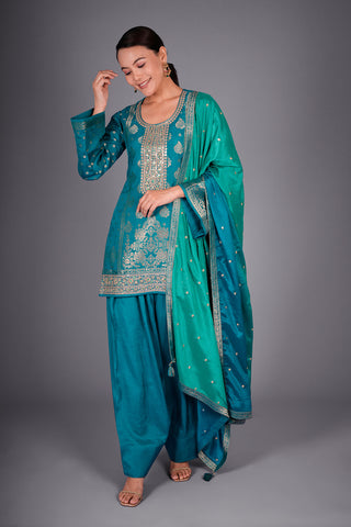 Firozi Banarasi Kurta Set with Zari Embroidery