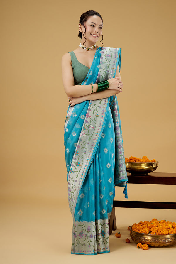 Firozi Blue Tissue Saree with Multicolor Thread Work