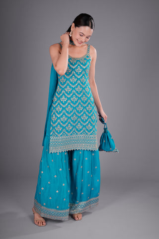 Firozi Crepe Kurta Set with Zari Embroidery