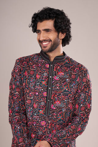 Floral Silk Men's Kurta Set with Multicolour Threadwork